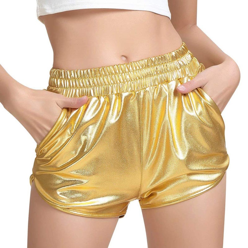 techcity Women's Yoga Hot Shorts Elastic Waist Shiny Metallic Pants (Gold, S) - Image 2